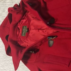 Wool coat with hood dark red zip front with overlapping buttons 4 pockets